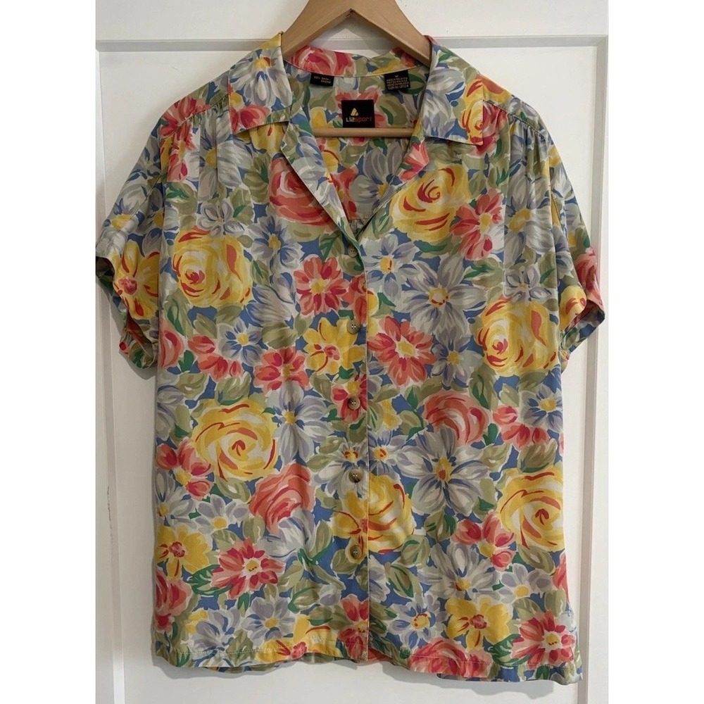 Vtg 90s Lizsport Liz Claiborne 100% Rayon Grandmacore BOHO Button Up Shirt MED